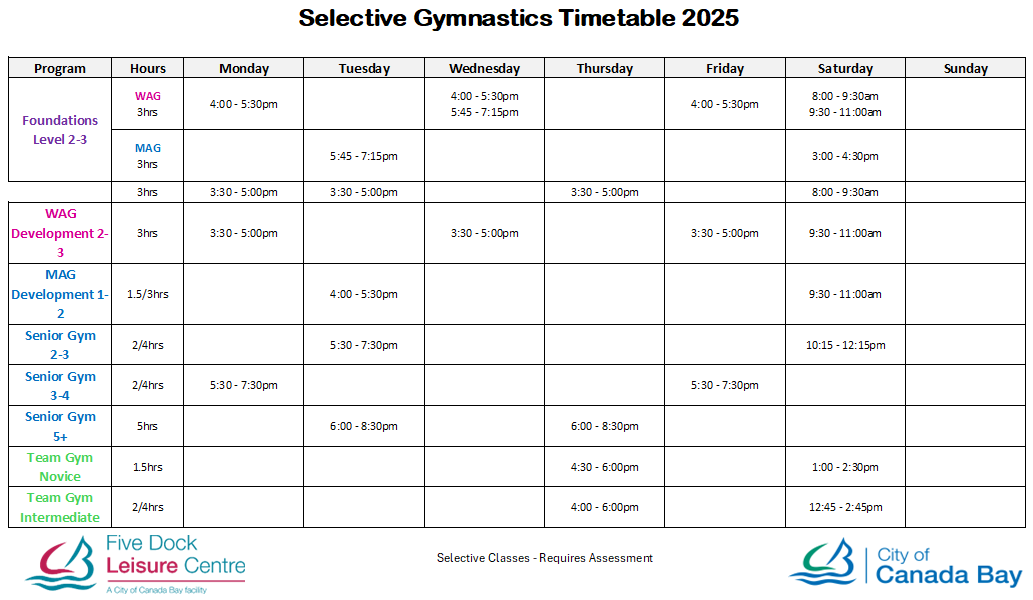 Selective Gymnastics Timetable FDLC