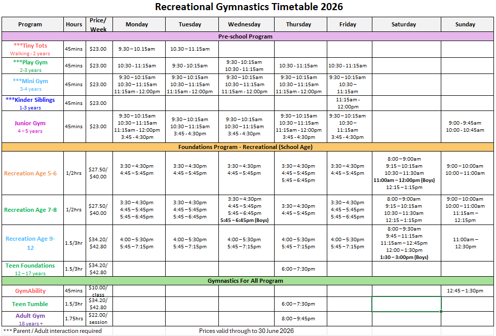 Recreational gymnastics timetable