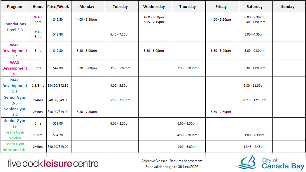 Selective gymnastics timetable 