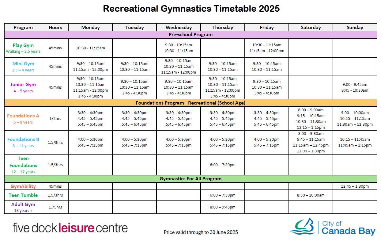 Updated Recreational Gymnastics Timetable 2025