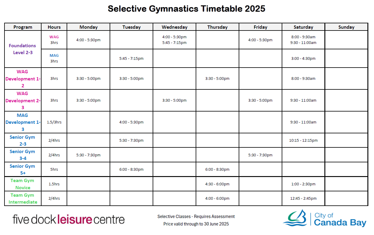 Updated Selective Gymnastics Timetable 2025