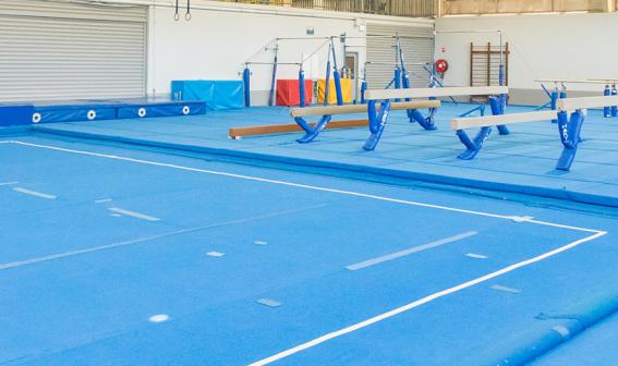 Gym room, soft floor and gymnastics equipment.